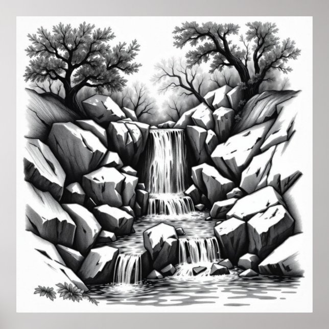 Serenity Falls: Waterfall Charcoal Art Poster (Front)