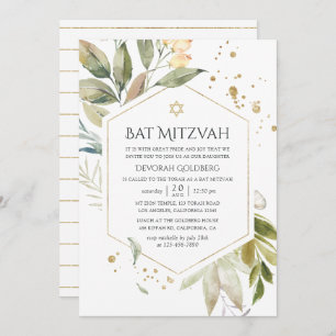 Serenity Greenery Geometric Bat Mitzvah Invitation