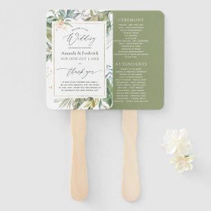 Serenity Greenery Geometric Wedding Program Hand Fan