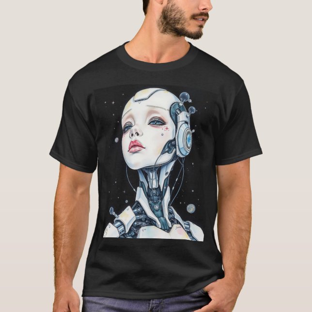 Serenity in Chrome: A Syd Mead-Inspired Portrait T-Shirt (Front)