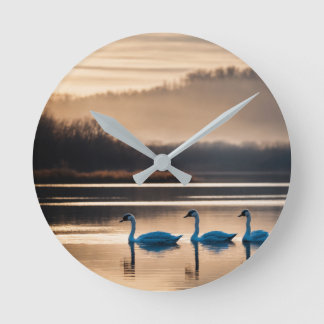 🌿 Serenity of Swans – Abstract Minimalist Lake  Round Clock