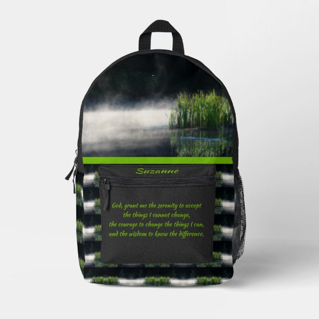 Serenity Prayer Cattails In Mist Inspirational  Printed Backpack (Front)