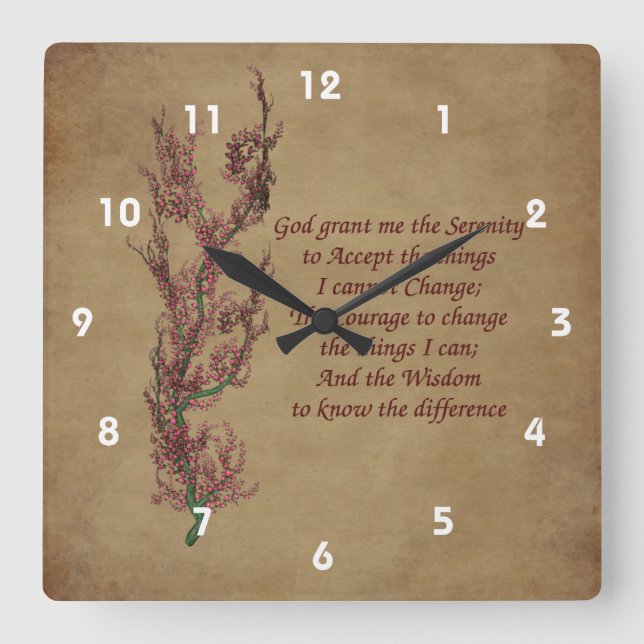 Serenity Prayer Flowering Tree Inspirational Square Wall Clock (Front)