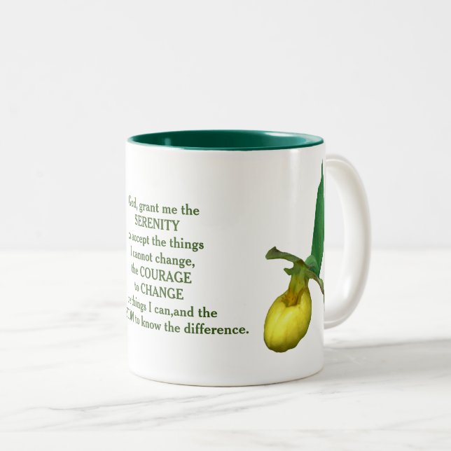 Serenity Prayer Lady Slipper Orchid Flower Two-Tone Coffee Mug (Front Right)