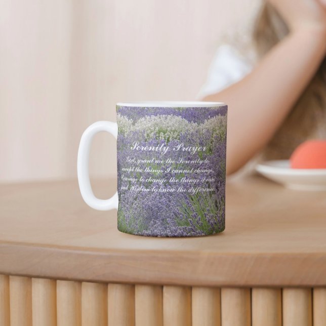 Serenity Prayer Lavender Garden Floral Coffee Mug (In Situ Table)