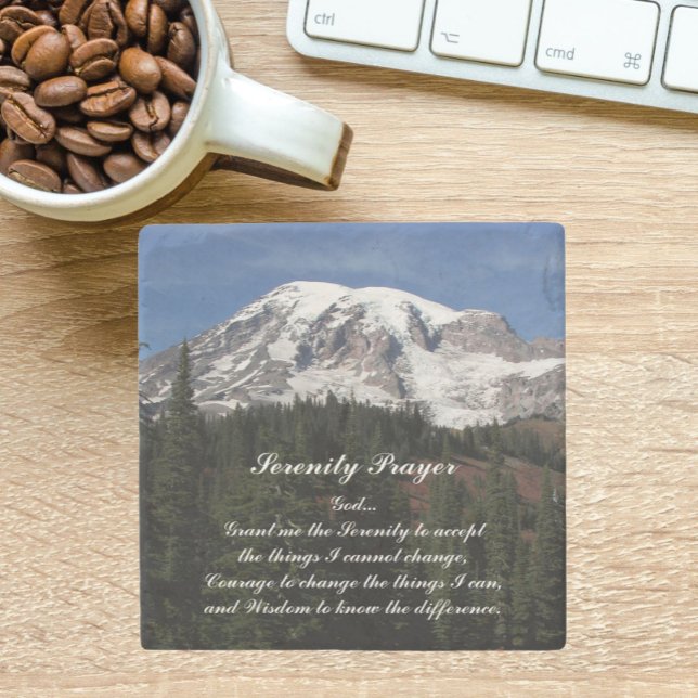 Serenity Prayer Mount Rainier Landscape Stone Coaster (In Situ)