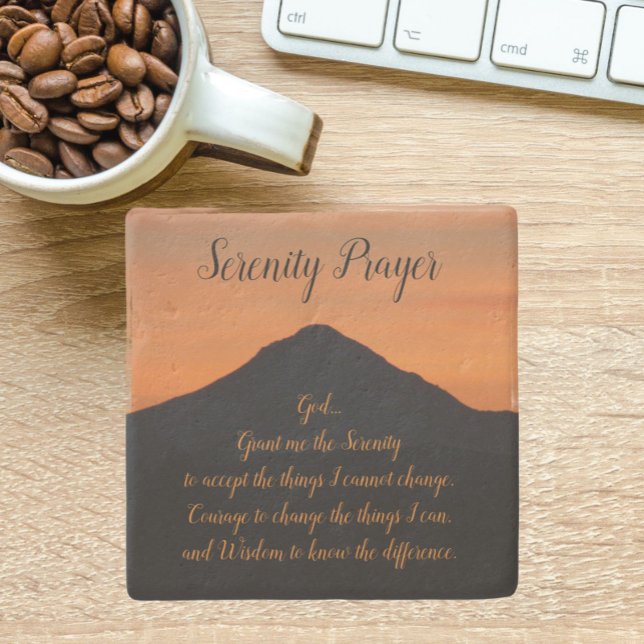 Serenity Prayer Mountain Sunset Landscape Stone Coaster (In Situ)