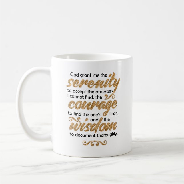 Serenity Prayer Mug Finding Ancestors Gold (Left)