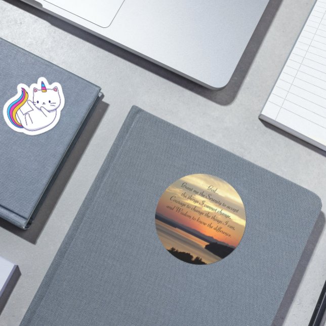Serenity Prayer Orange Seascape Sunset Classic Round Sticker (In Situ)