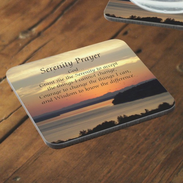 Serenity Prayer Orange Seascape Sunset Coaster (In Situ Angled)
