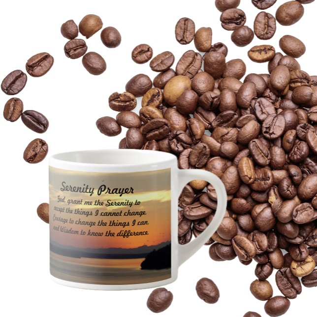Serenity Prayer Orange Seascape Sunset Espresso Cup (In Situ Coffee Beans)
