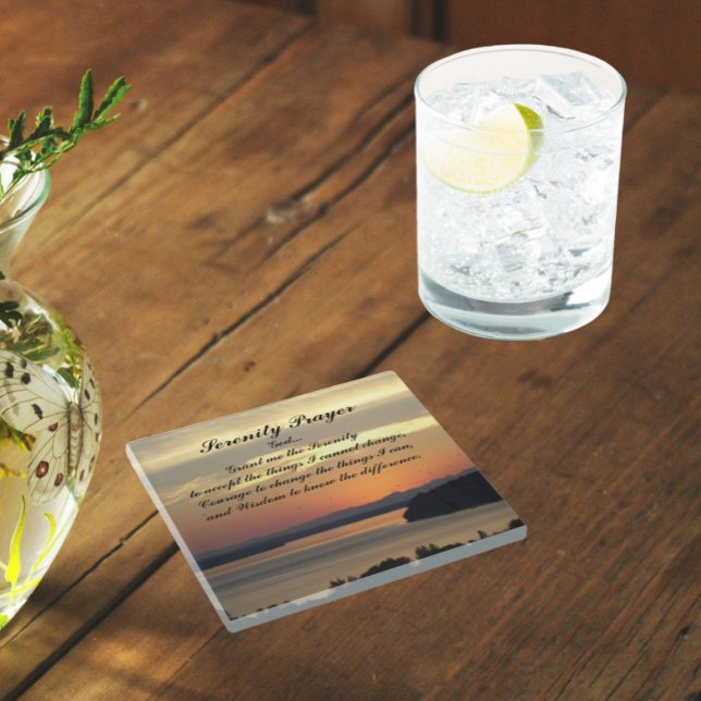 Serenity Prayer Orange Seascape Sunset Glass Coaster (In Situ)