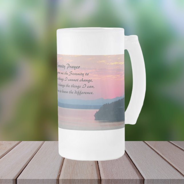 Serenity Prayer Pink Seascape Sunset Frosted Glass Beer Mug (In Situ)
