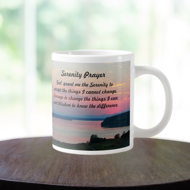 Serenity Prayer Pink Seascape Sunset Large Coffee Mug (In Situ)