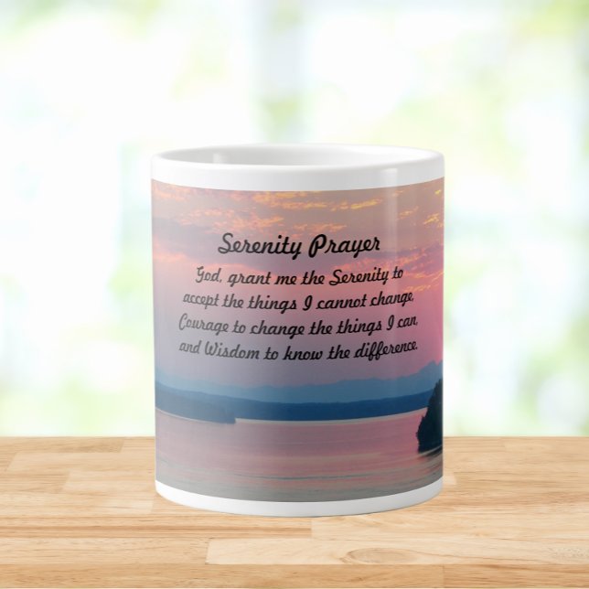 Serenity Prayer Pink Seascape Sunset Large Coffee Mug (In Situ)