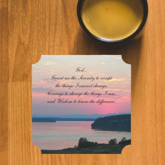 Serenity Prayer Pink Seascape Sunset Paper Coaster (In Situ)