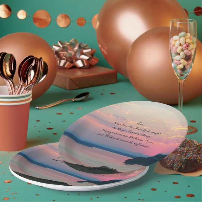 Serenity Prayer Pink Seascape Sunset Paper Plate (Multi)
