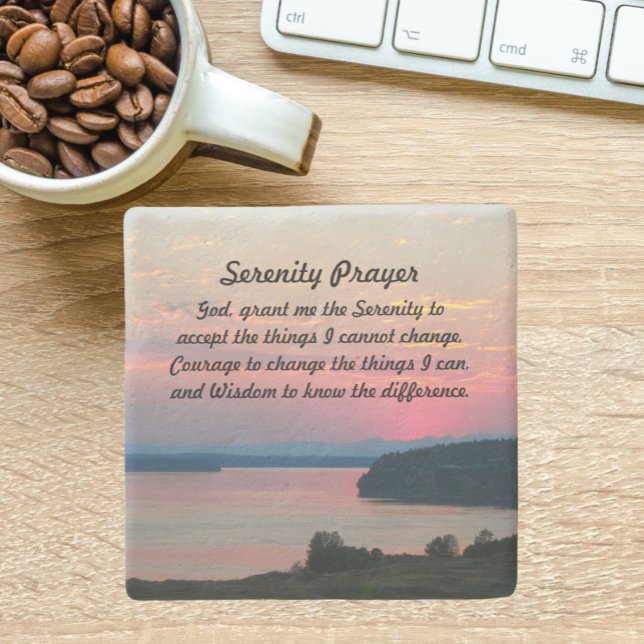 Serenity Prayer Pink Seascape Sunset Stone Coaster (In Situ)