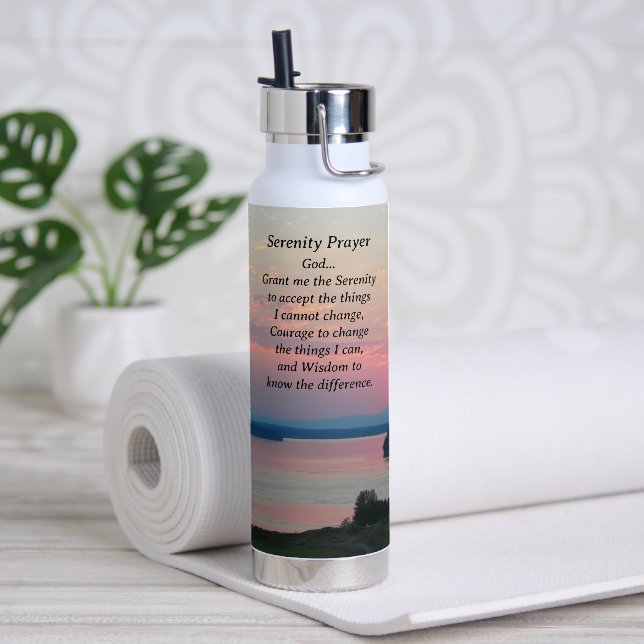 Serenity Prayer Pink Seascape Sunset Water Bottle (Yoga)