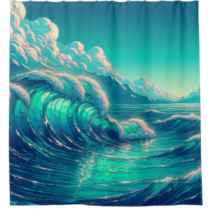 “Serenity Seascape: Ocean’s Embrace” Shower Curtain