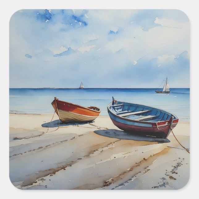 "Serenity Shores" A Restful Watercolour Seascape Square Sticker (Front)