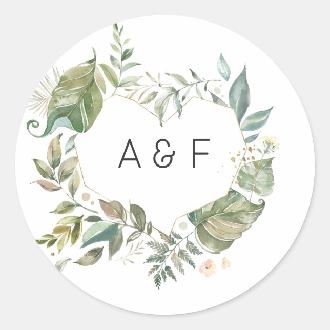 Serenity Simplistic Greenery Geometric Wedding Classic Round Sticker (Front)