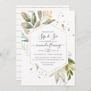 Serenity Watercolor Greenery Geometric Sip and See Invitation