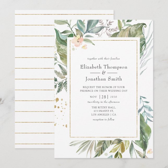 Serenity Watercolor Greenery Geometric Wedding Invitation (Front/Back)