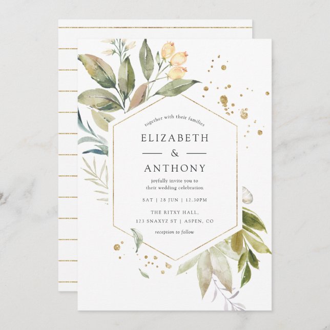 Serenity Watercolor Greenery Geometric Wedding Invitation (Front/Back)