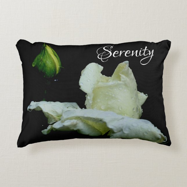 Serenity White Rosebud Inspirational Words  Decorative Cushion (Front)