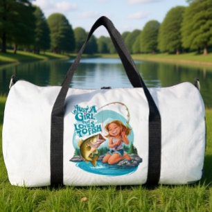 Serenitys Catch: Girl Fishing on a Rock Duffle Bag