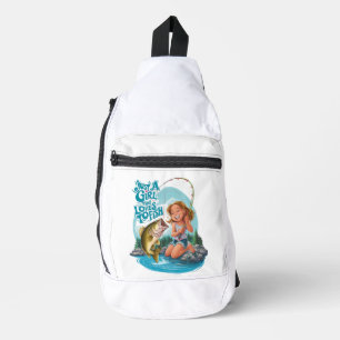 Serenitys Catch: Girl Fishing on a Rock Sling Bag