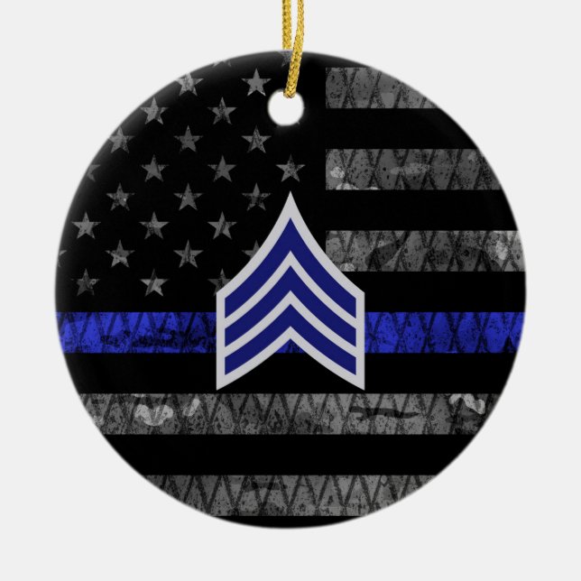Sergeant Stripes Thin Blue Line Distressed Flag Ceramic Tree Decoration (Front)