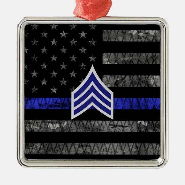 Sergeant Stripes Thin Blue Line Distressed Flag Metal Tree Decoration (Front)