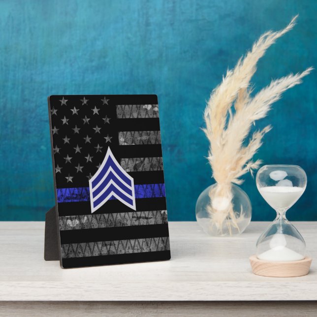 Sergeant Stripes Thin Blue Line Distressed Flag Plaque (Side)
