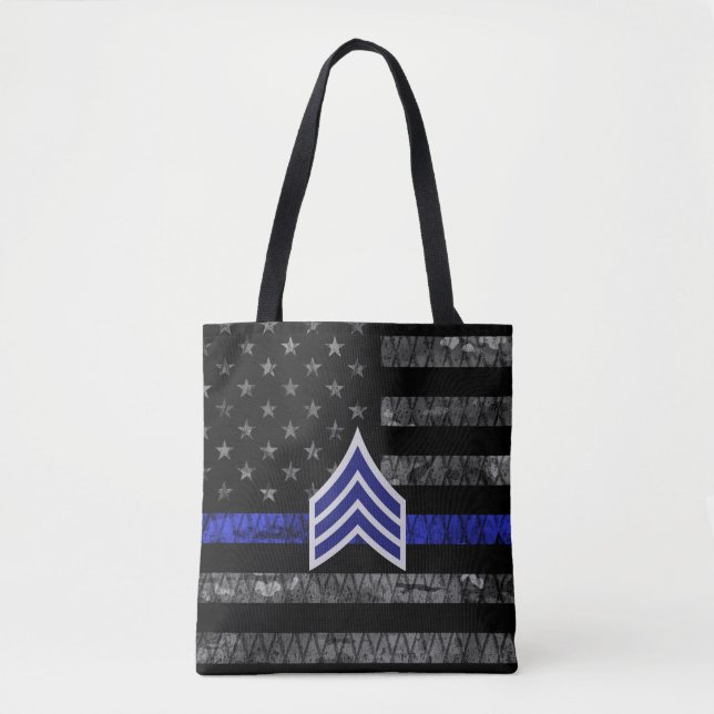 Sergeant Stripes Thin Blue Line Distressed Flag Tote Bag (Front)