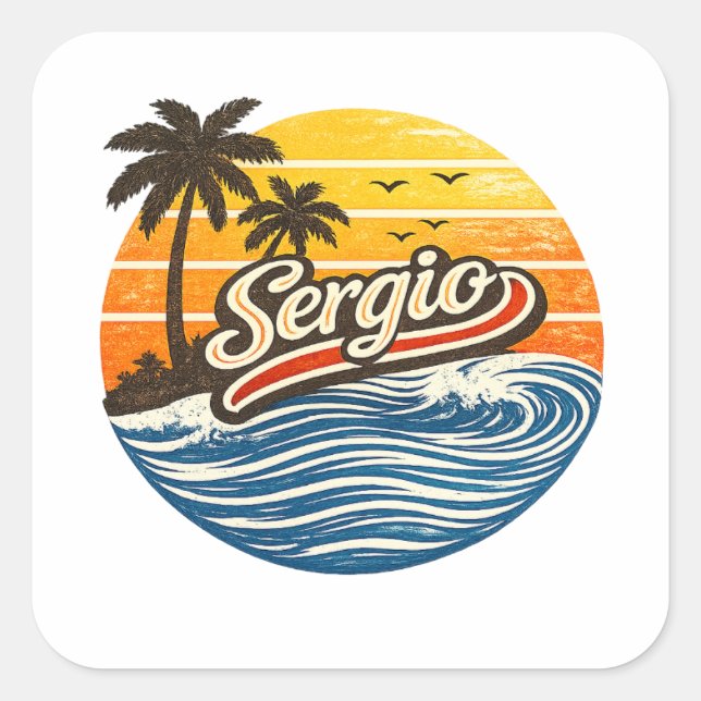 Sergio Retro Sunset Name Design Square Sticker (Front)