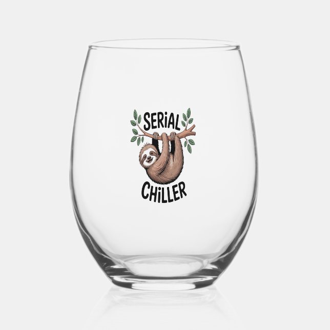 Serial Chiller Sloth Hanging from Branch Stemless Wine Glass (Front)