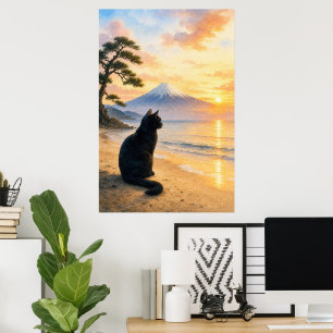 series_1_1|Black Cat Mount Fuji Watercolor Art Poster