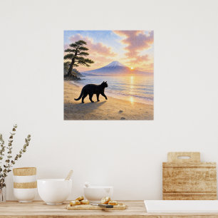 series_1_3|Square Walking Black Cat Mt Fuji Art Poster