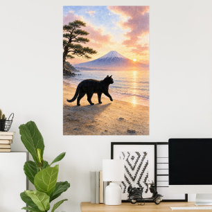 series_1_3|Walking Black Cat Mt Fuji Art Poster