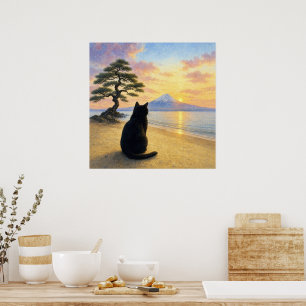 series_1_4|Square Peaceful Black Cat Mt Fuji Art Poster