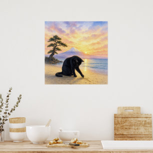 series_1_5|Square Curious Black Cat Mt Fuji Art Poster