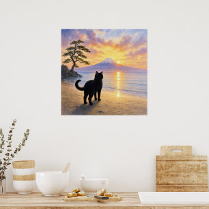 series_1_8|Square Serene Black Cat Mt Fuji Art Poster