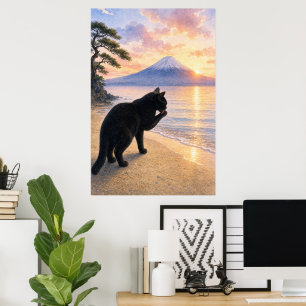 series_1_9|Morning Ritual Black Cat Mt Fuji Art Poster