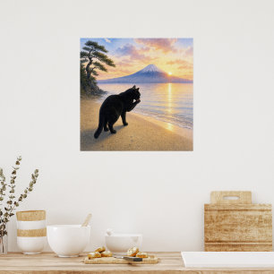 series_1_9｜Square Morning Black Cat Mt Fuji Art Poster