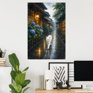 series_2_1|Rainy Kyoto White Cat Japanese Art Poster