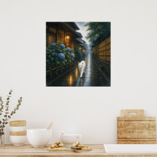 series_2_1|Square Kyoto Rain White Cat Japanes Art Poster