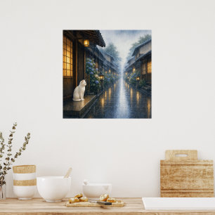 series_2_5|Square Kyoto Rain Shelter White Cat Art Poster