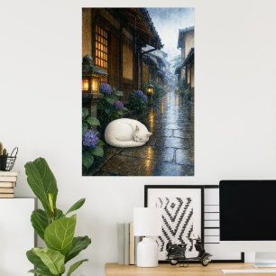 series_2_8|Sleeping White Cat Rainy Kyoto Art Poster